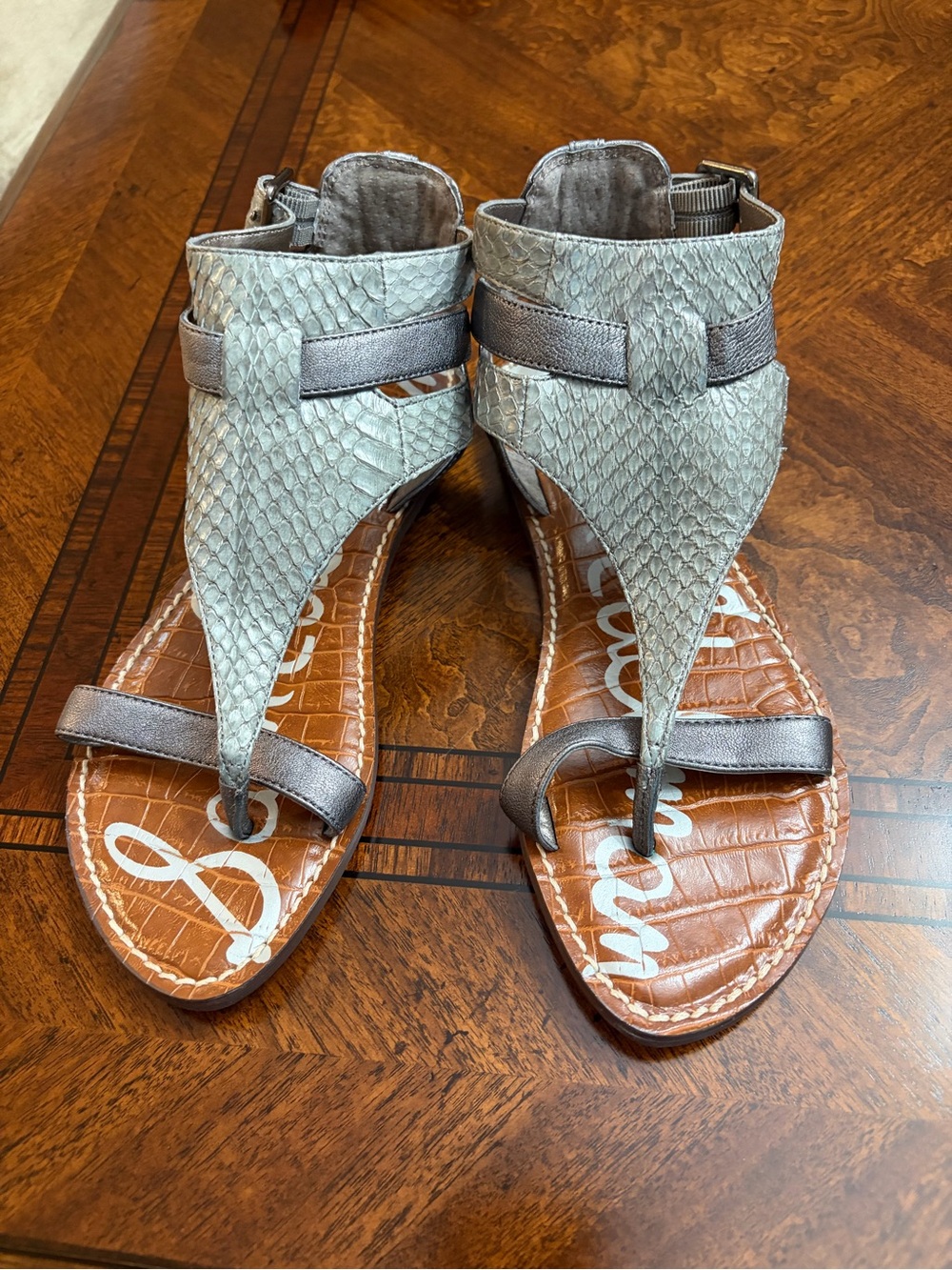 Sam Edelman Silver Faux-Snake Leather T-Strap Sandals